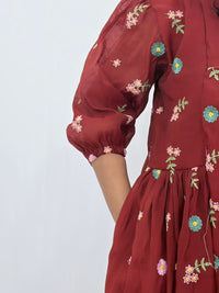 Rust Brown Floral Embroidered Mul Chanderi Feeding Kurti With Two Side Invisible Zip | Free Size | 46" length