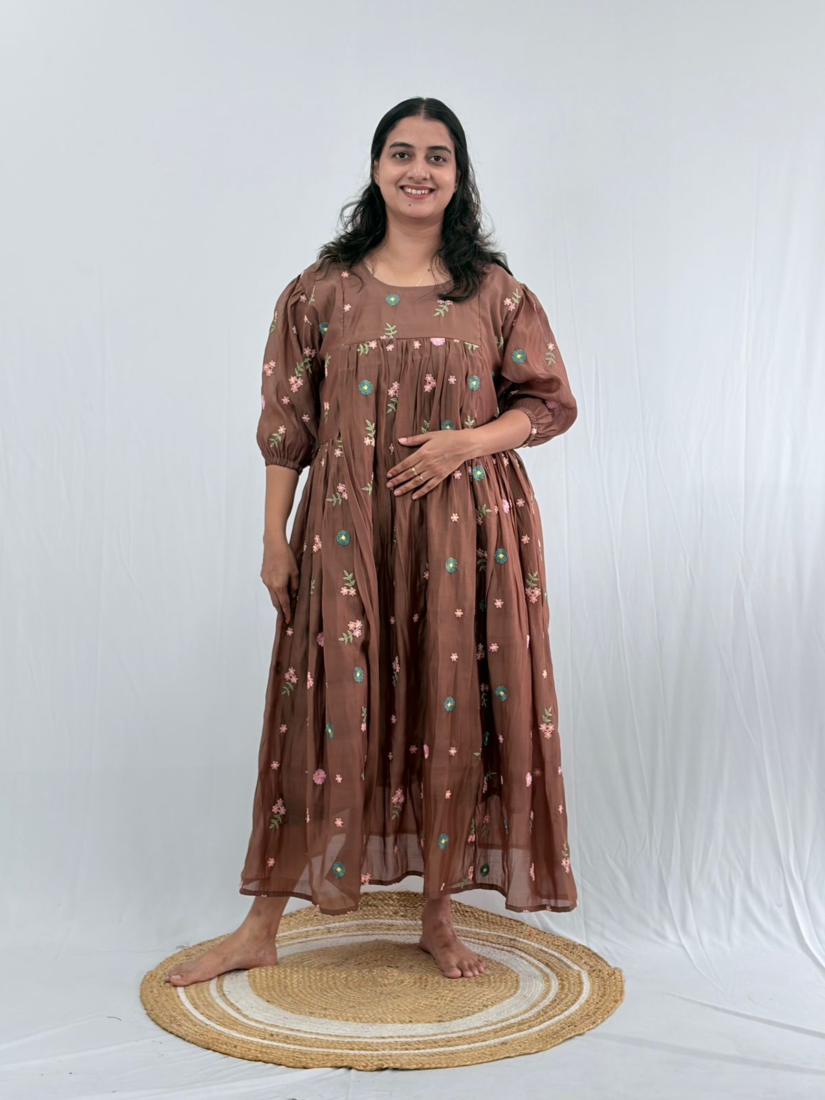 Brown Floral Embroidered Mul Chanderi Feeding Kurti With Two Side Invisible Zip | Free Size | 46" length