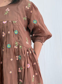 Brown Floral Embroidered Mul Chanderi Feeding Kurti With Two Side Invisible Zip | Free Size | 46" length