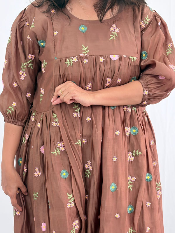 Brown Floral Embroidered Mul Chanderi Feeding Kurti With Two Side Invisible Zip | Free Size | 46" length