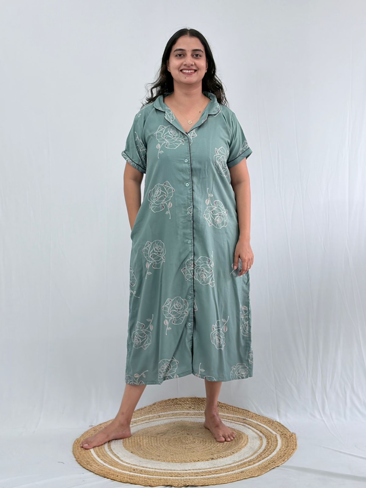 Pastel Blue Floral Printed Alpine Full Open Long Polo Shirt Dress | Side Pocket | Free Size | Chest Width 44″| Length 44″