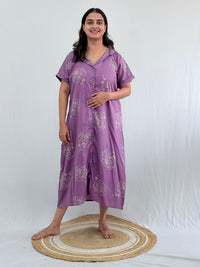 Lavender Floral Printed Alpine Full Open Long Polo Shirt Dress | Side Pocket | Free Size | Chest Width 44″| Length 44″