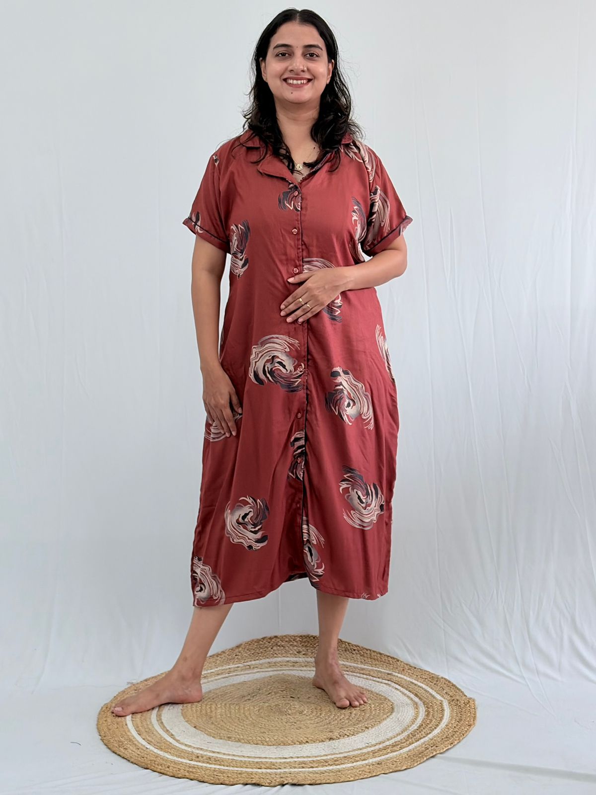 Rust Brown Floral Printed Alpine Full Open Long Polo Shirt Dress | Side Pocket | Free Size | Chest Width 44″| Length 44″
