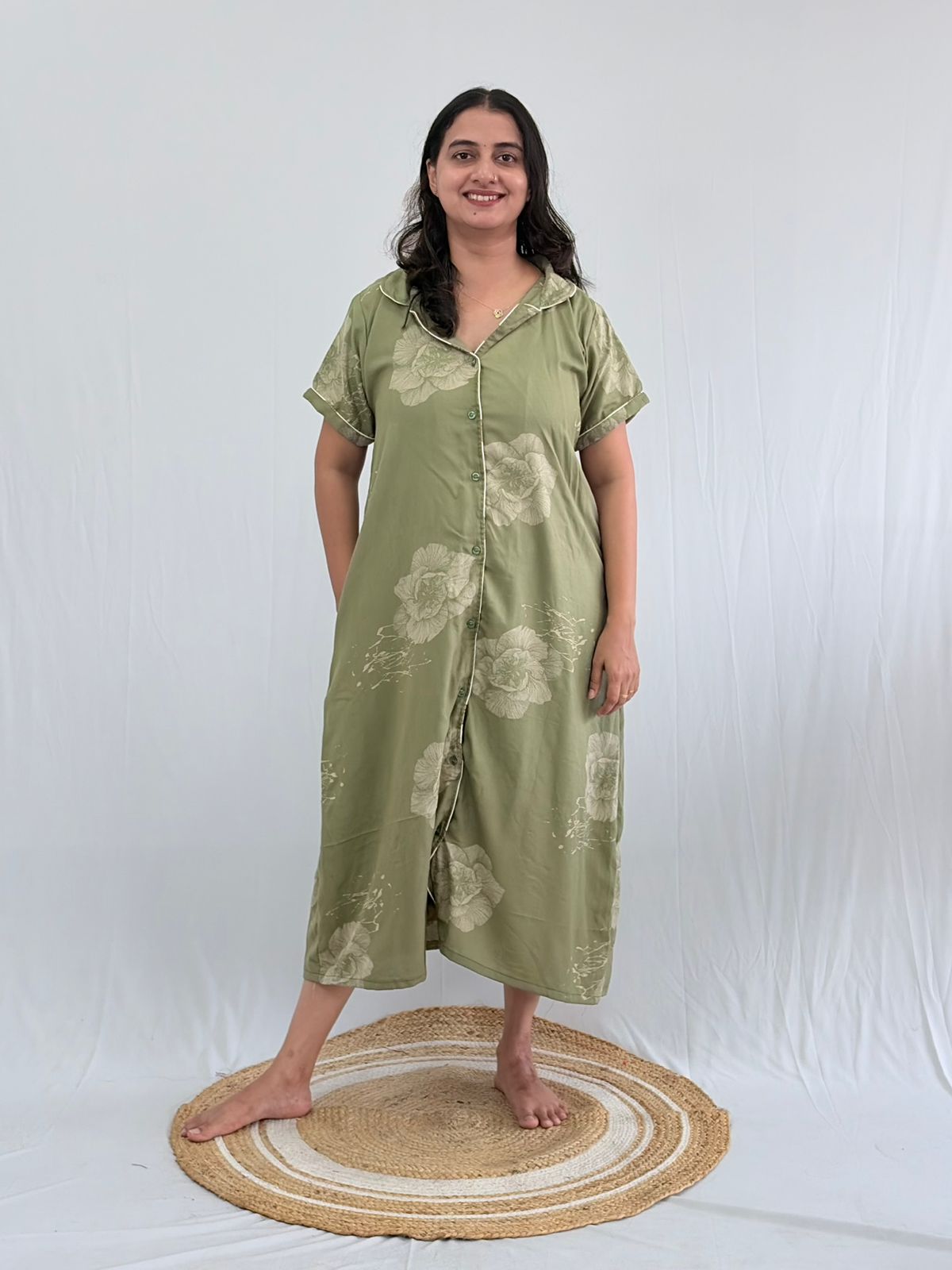 Pastel Green Floral Printed Alpine Full Open Long Polo Shirt Dress | Side Pocket | Free Size | Chest Width 44″| Length 44″