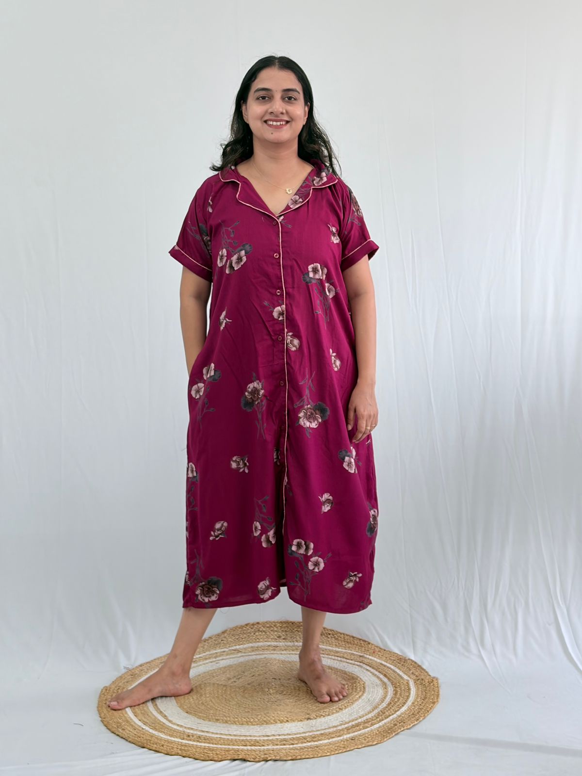 Pink Floral Printed Alpine Full Open Long Polo Shirt Dress | Side Pocket | Free Size | Chest Width 44″| Length 44″