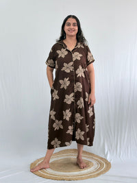 Coffee Brown Floral Printed Alpine Full Open Long Polo Shirt Dress | Side Pocket | Free Size | Chest Width 44″| Length 44″