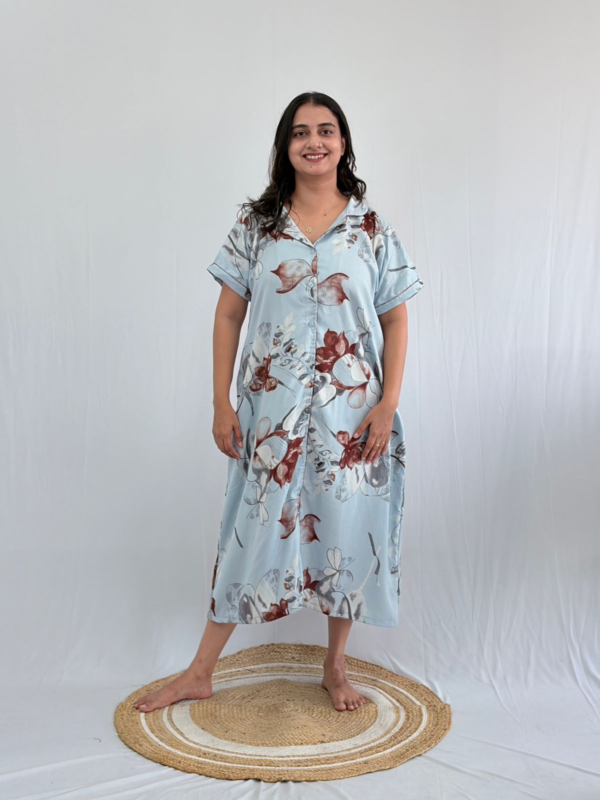 Aqua Blue And Brown Printed Alpine Full Open Long Polo Shirt Dress | Side Pocket | Free Size | Chest Width 44″| Length 44″