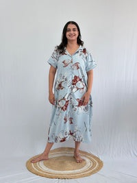 Aqua Blue And Brown Printed Alpine Full Open Long Polo Shirt Dress | Side Pocket | Free Size | Chest Width 44″| Length 44″