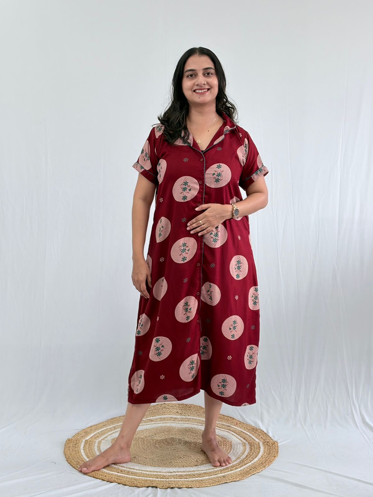 Maroon Floral Printed Alpine Full Open Long Polo Shirt Dress | Side Pocket | Free Size | Chest Width 44″| Length 44″
