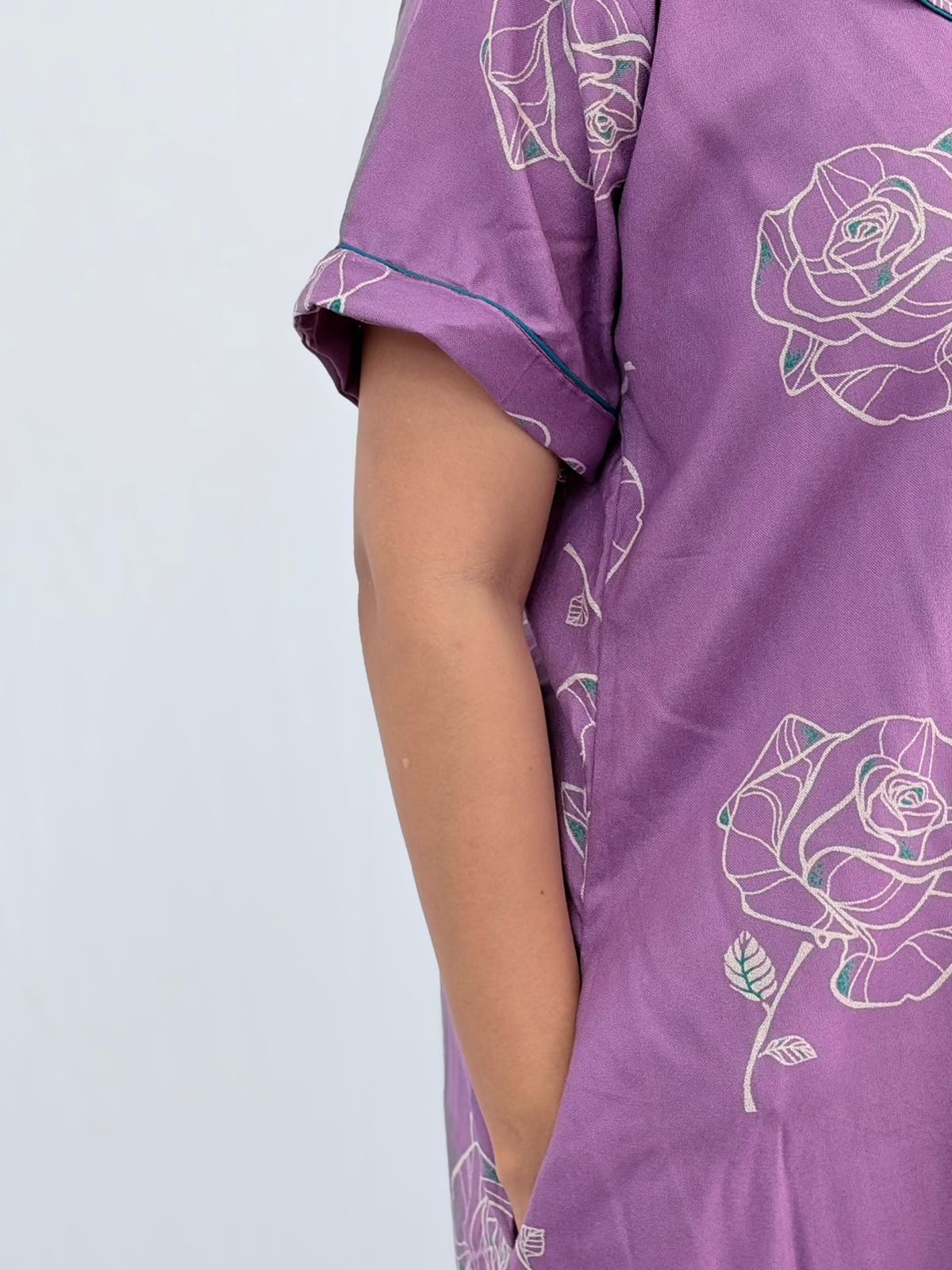 Lavender Floral Printed Alpine Full Open Long Polo Shirt Dress | Side Pocket | Free Size | Chest Width 44″| Length 44″