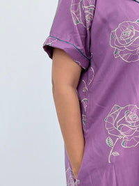 Lavender Floral Printed Alpine Full Open Long Polo Shirt Dress | Side Pocket | Free Size | Chest Width 44″| Length 44″