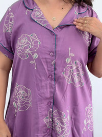 Lavender Floral Printed Alpine Full Open Long Polo Shirt Dress | Side Pocket | Free Size | Chest Width 44″| Length 44″