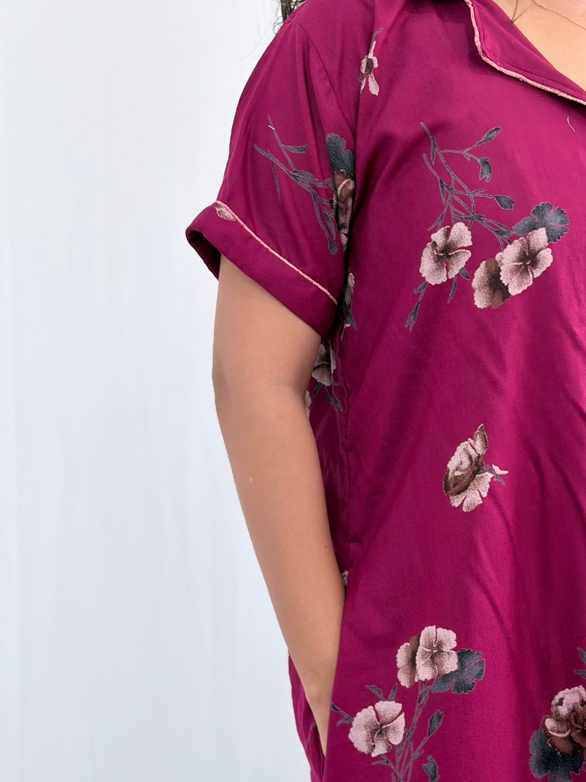 Pink Floral Printed Alpine Full Open Long Polo Shirt Dress | Side Pocket | Free Size | Chest Width 44″| Length 44″