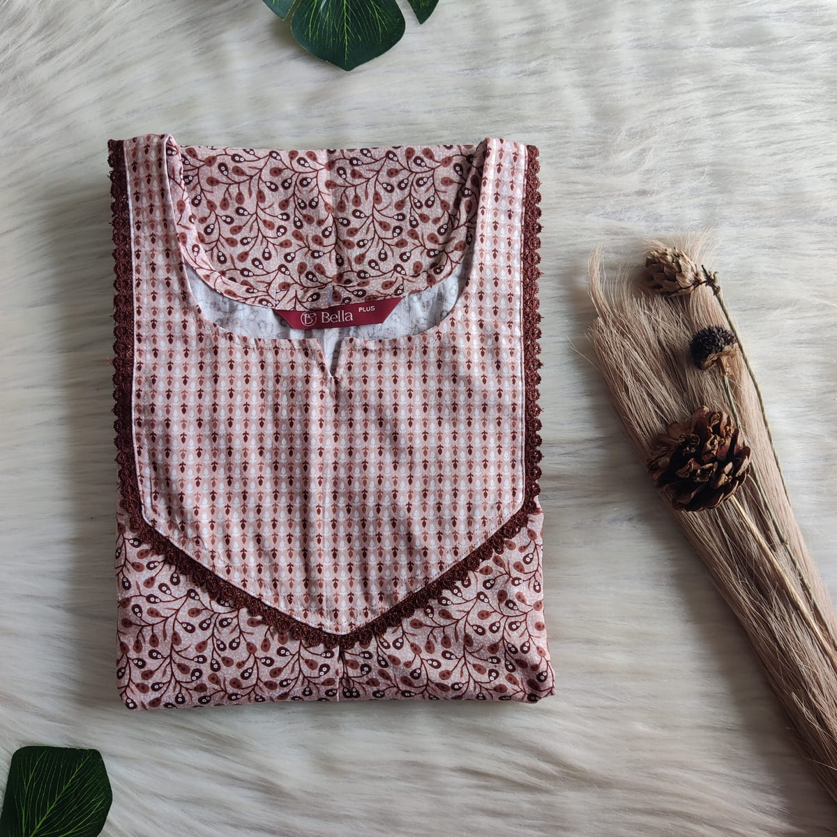 Pale And Dark Brown Floral Printed Premium Cotton Plus Size Mix N Match Lace Pocket Nighty | Chest Width 50″| Length 56″