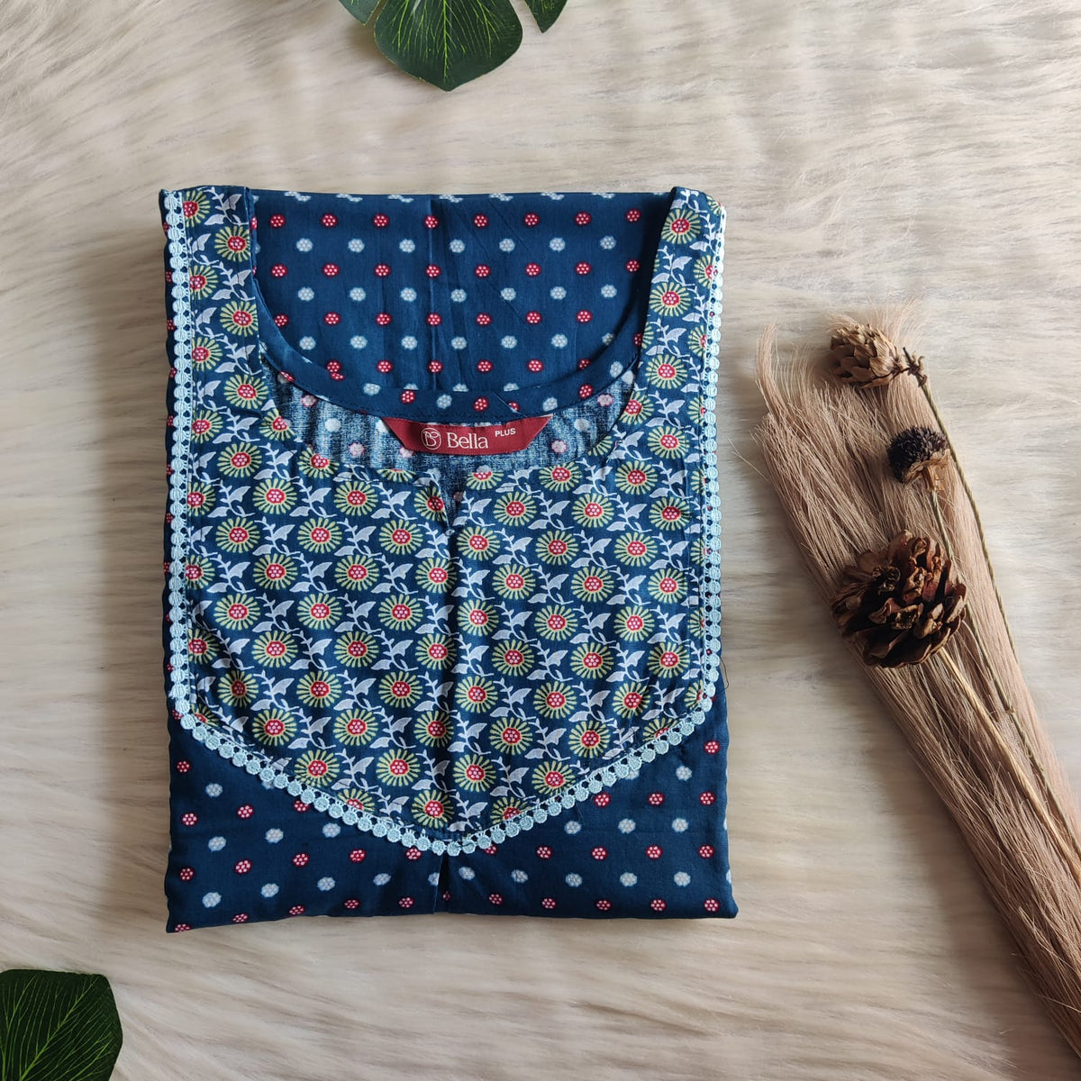 Green And Navy Blue Dot Printed Premium Cotton Plus Size Mix N Match Lace Pocket Nighty | Chest Width 50″| Length 56″