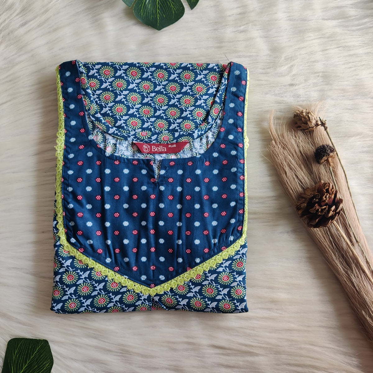 Navy Blue And Green Floral Printed Premium Cotton Plus Size Mix N Match Lace Pocket Nighty | Chest Width 50″| Length 56″