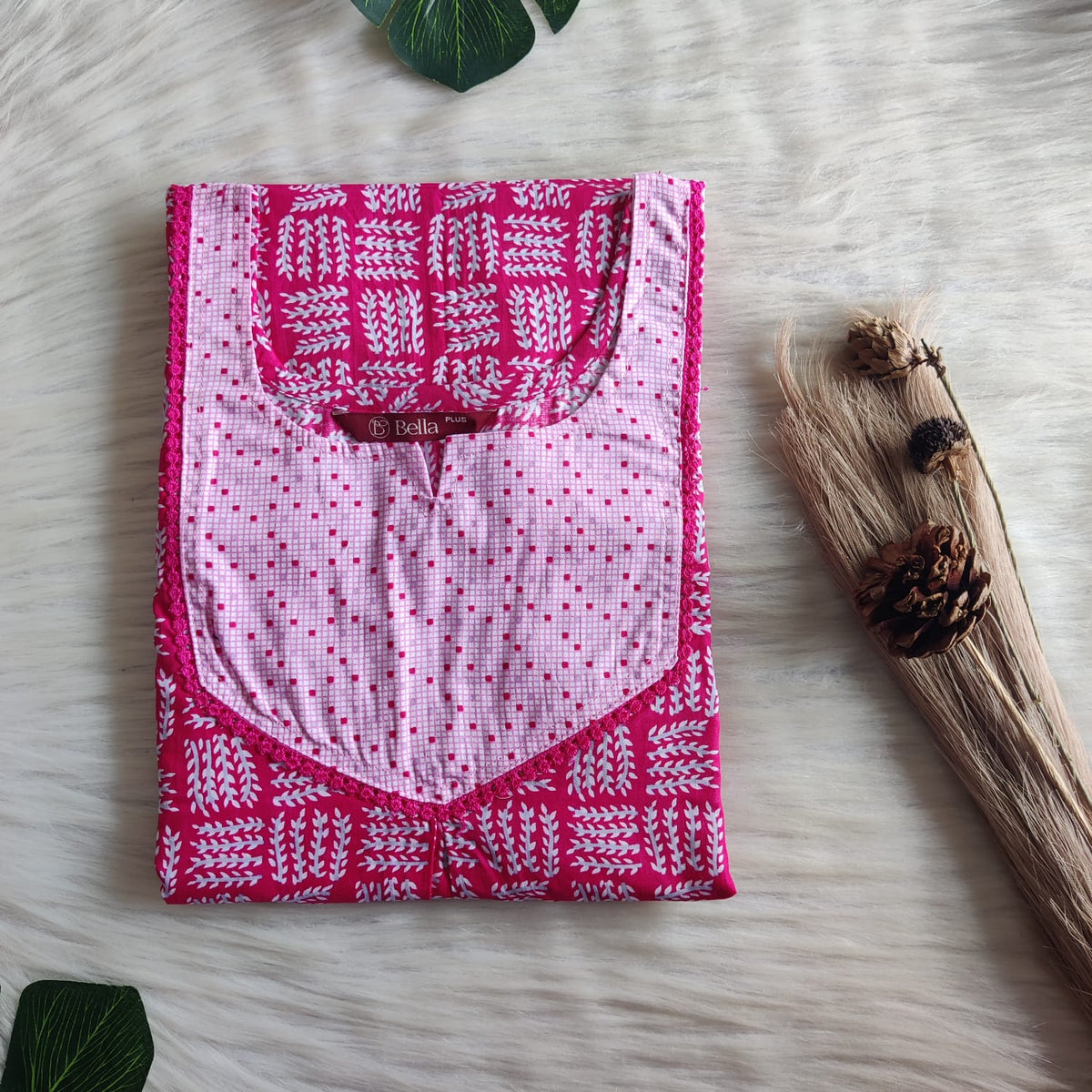 Pale And Dark Pink Printed Premium Cotton Plus Size Mix N Match Lace Pocket Nighty | Chest Width 50″| Length 56″