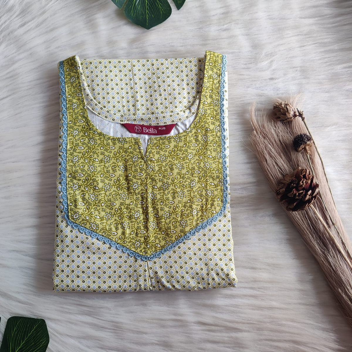Dark And Pale Green Dot Printed Premium Cotton Plus Size Mix N Match Lace Pocket Nighty | Chest Width 50″| Length 56″