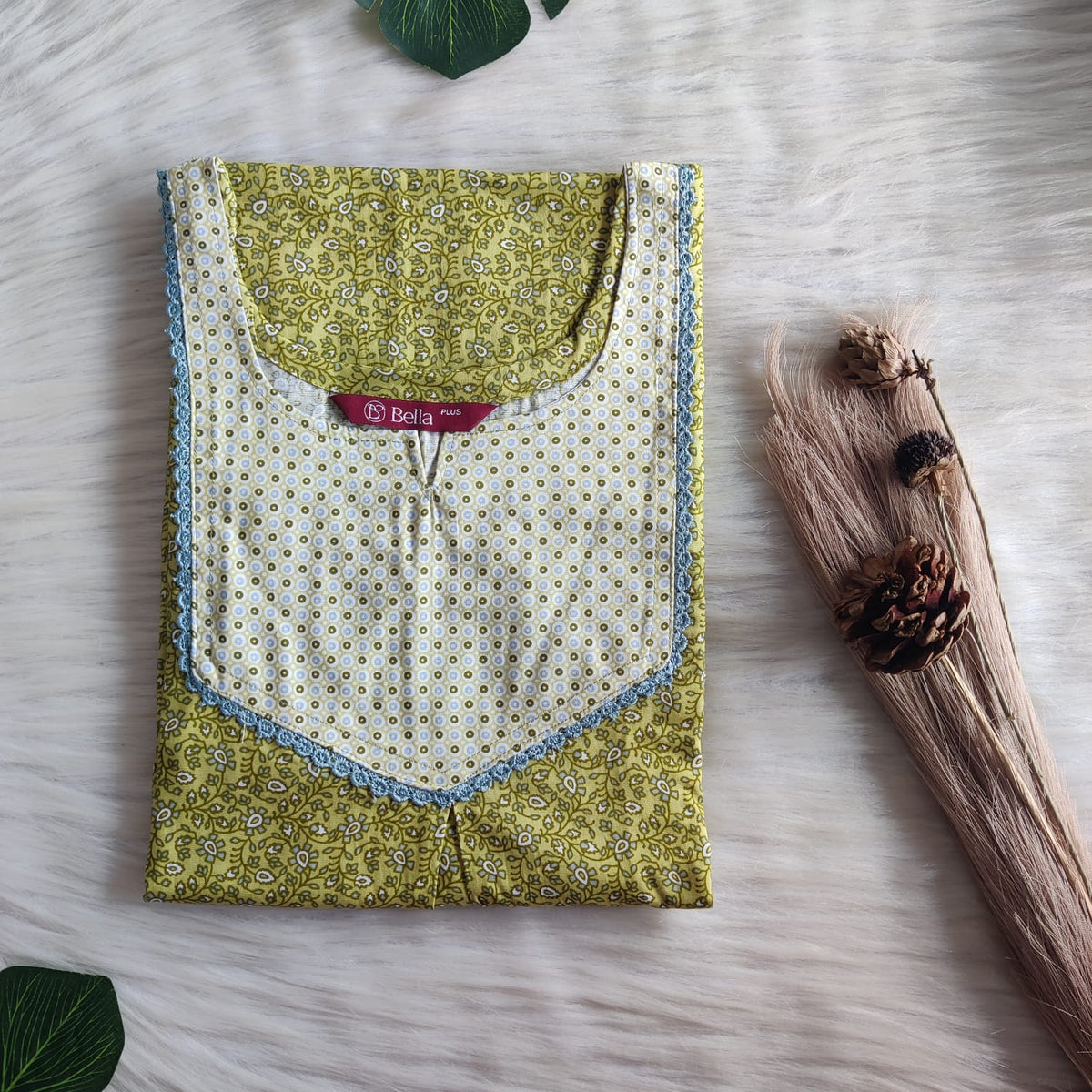 Pale And Dark Green Printed Premium Cotton Plus Size Mix N Match Lace Pocket Nighty | Chest Width 50″| Length 56″