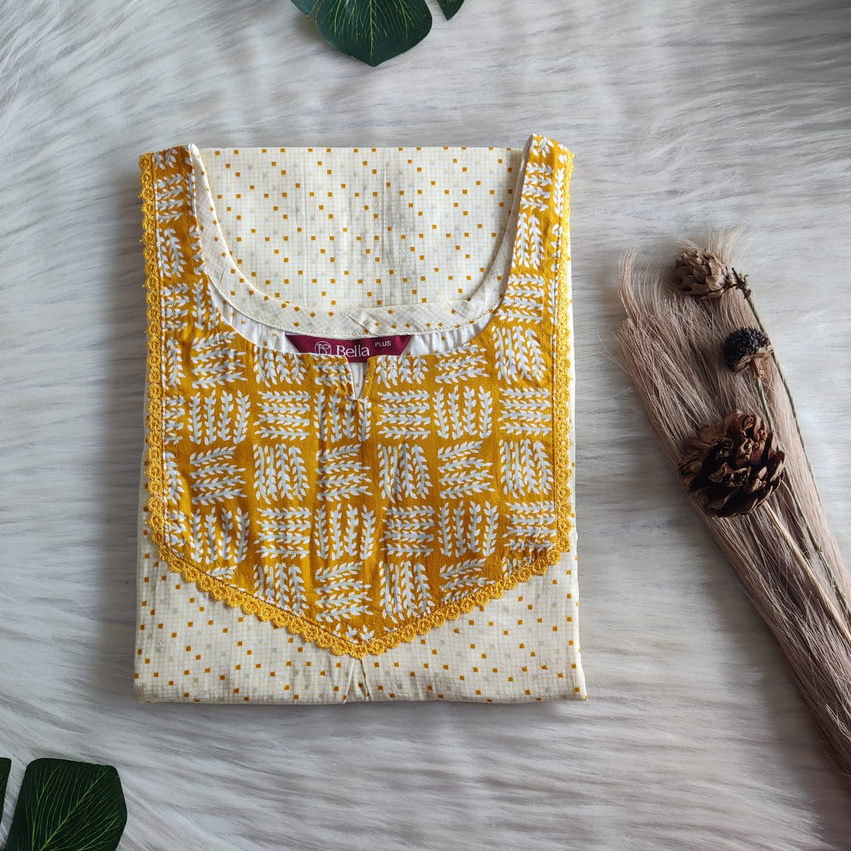 Dark And Pale Yellow Dot Printed Premium Cotton Plus Size Mix N Match Lace Pocket Nighty | Chest Width 50″| Length 56″
