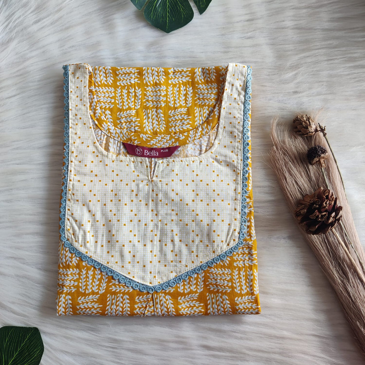 Pale And Dark Yellow Floral Printed Premium Cotton Plus Size Mix N Match Lace Pocket Nighty | Chest Width 50″| Length 56″