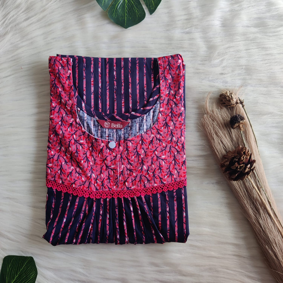 Pink And Navy Blue Stripe Printed Premium Cotton Lace Nighty | Free Size | Chest Width 44″| Length 54″-56″