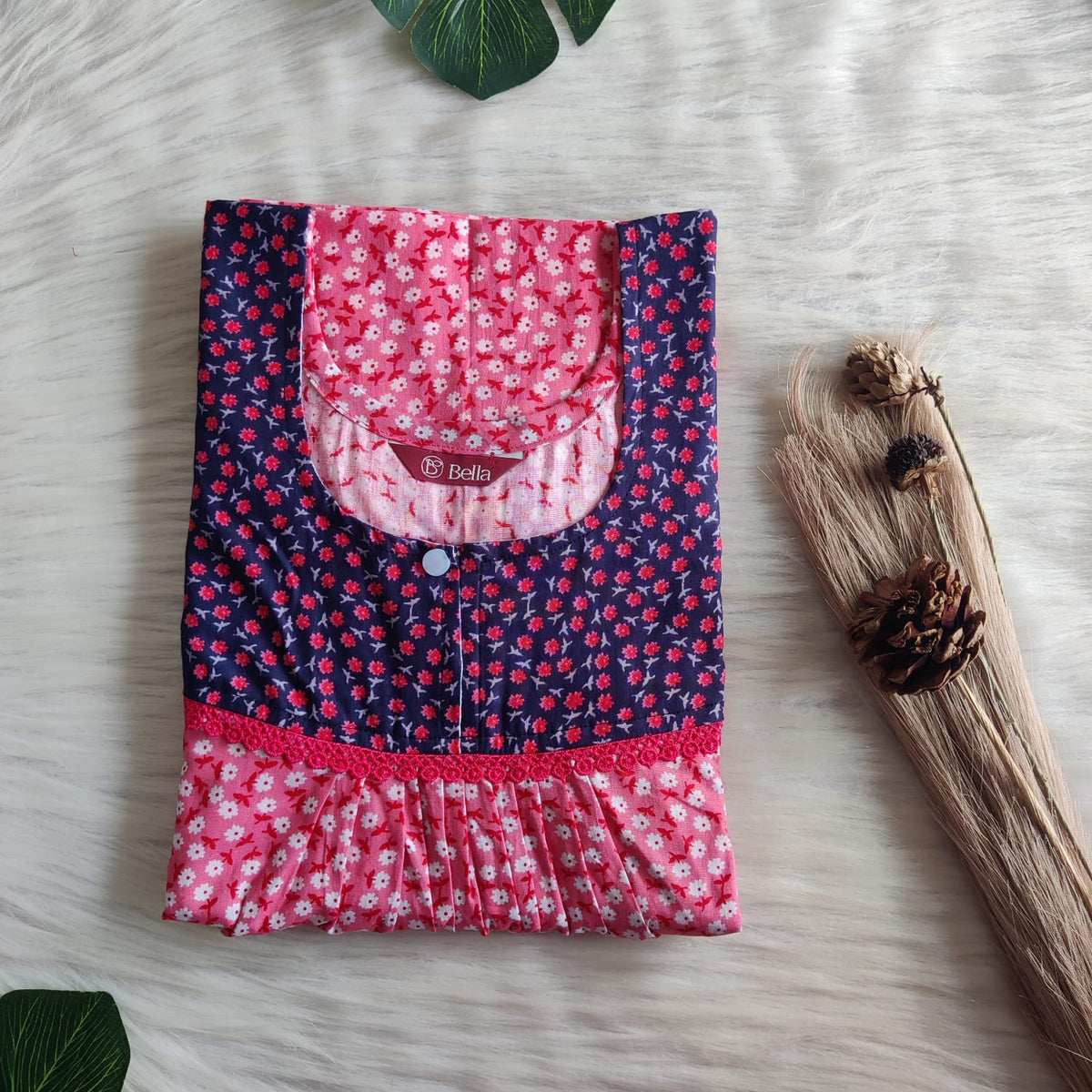 Navy Blue And Pink Floral Printed Premium Cotton Lace Nighty | Free Size | Chest Width 44″| Length 54″-56″