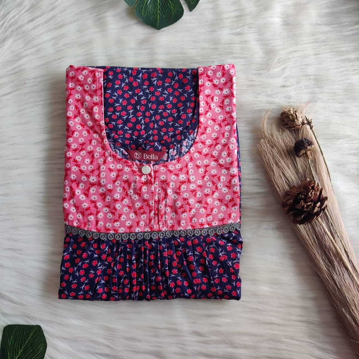 Pink And Navy Blue Floral Printed Premium Cotton Lace Nighty | Free Size | Chest Width 44″| Length 54″-56″