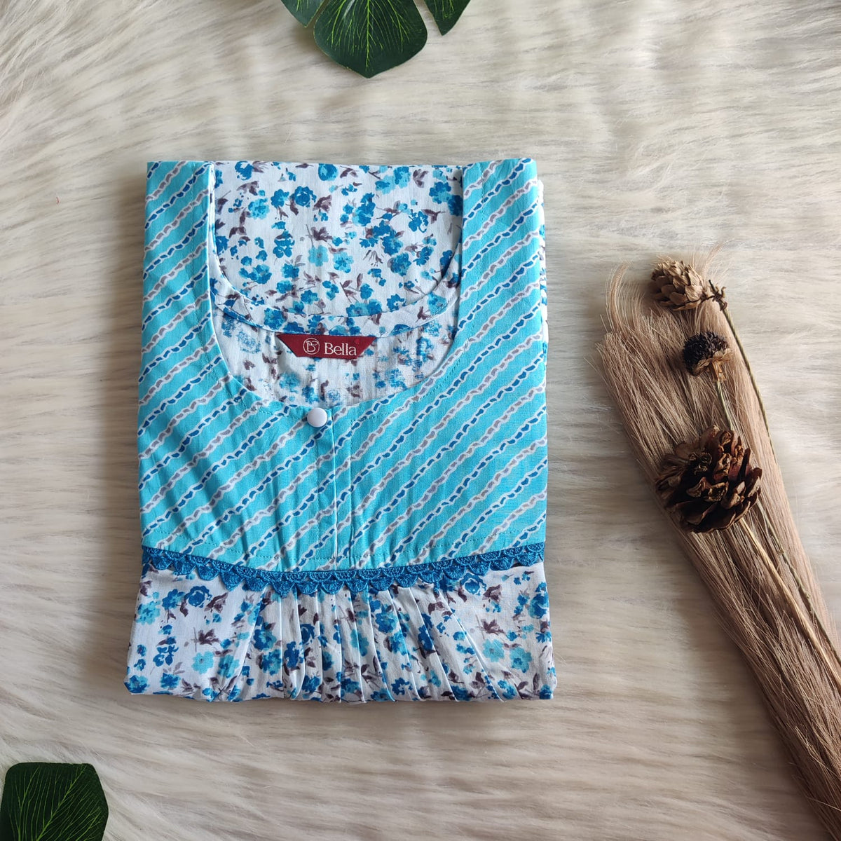 Blue And White Floral Printed Premium Cotton Lace Nighty | Free Size | Chest Width 44″| Length 54″-56″