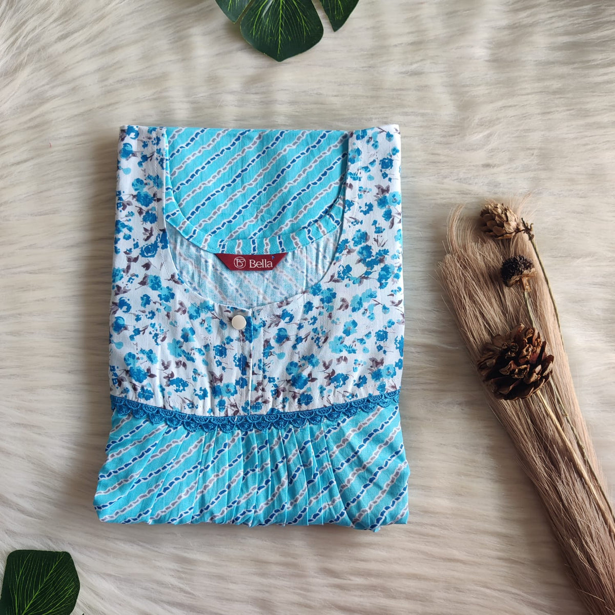 White And Blue Stripe Printed Premium Cotton Lace Nighty | Free Size | Chest Width 44″| Length 54″-56″