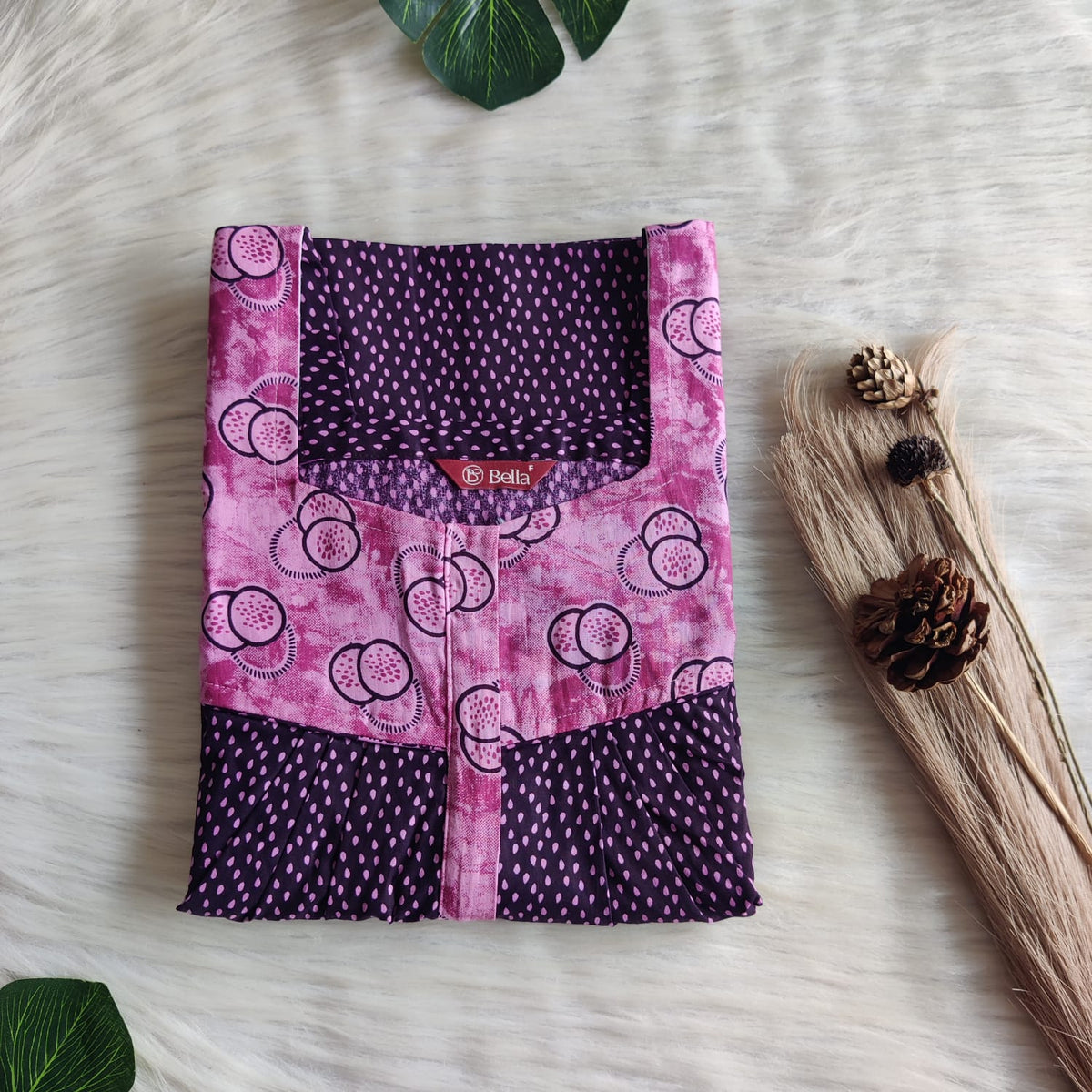 Pale And Dark Purple Printed Premium Cotton Square Neck Pleated Nighty | Free Size | Chest Width 44″| Length 55″-56″