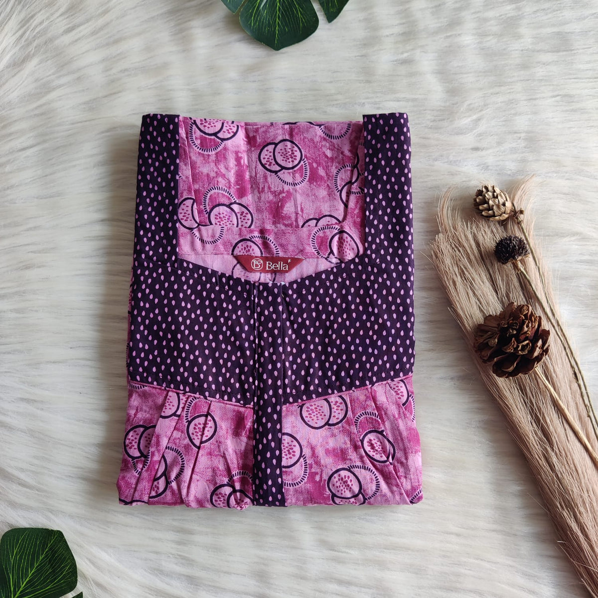Dark And Pale Purple Printed Premium Cotton Square Neck Pleated Nighty | Free Size | Chest Width 44″| Length 55″-56″