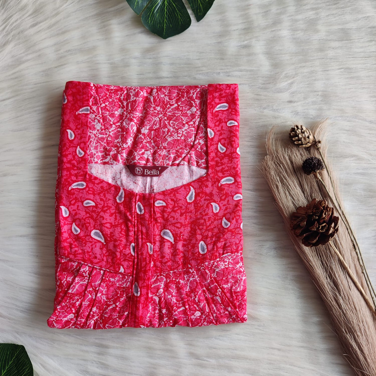 Grey And Red Printed Premium Cotton Square Neck Pleated Nighty | Free Size | Chest Width 44″| Length 55″-56″
