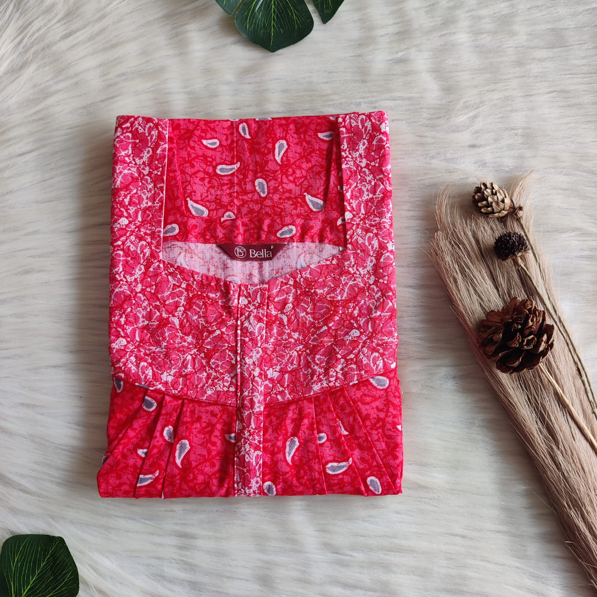 Red And Grey Kalamkari Printed Premium Cotton Square Neck Pleated Nighty | Free Size | Chest Width 44″| Length 55″-56″