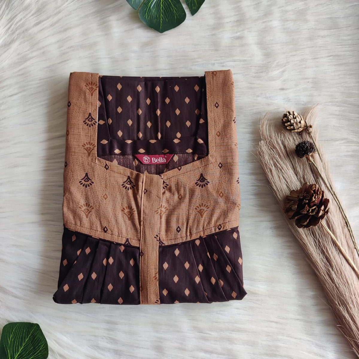 Pale And Dark Brown Printed Premium Cotton Square Neck Pleated Nighty | Free Size | Chest Width 44″| Length 55″-56″