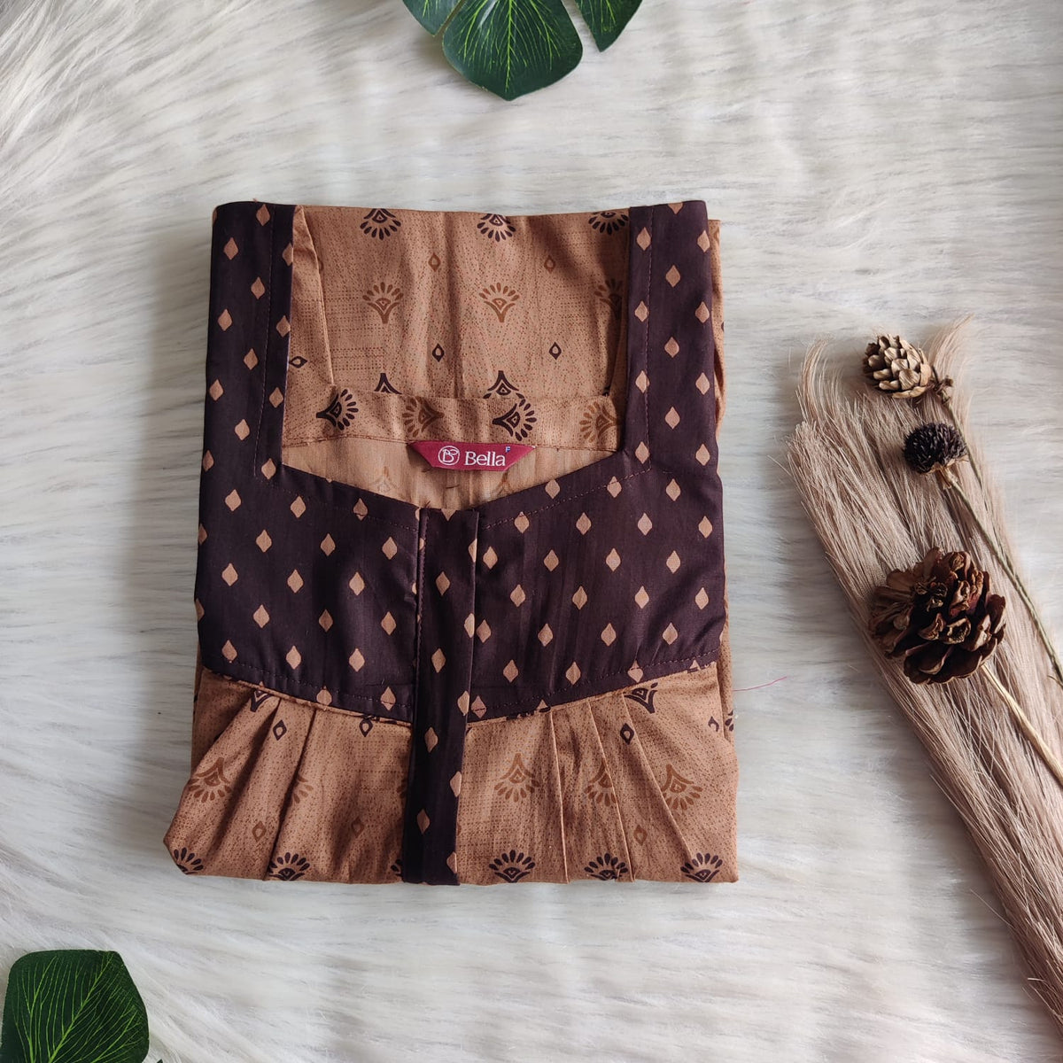Dark And Pale Brown Printed Premium Cotton Square Neck Pleated Nighty | Free Size | Chest Width 44″| Length 55″-56″