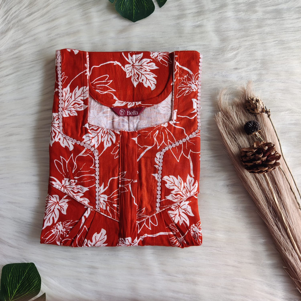 Rust Orange Floral Printed Premium Cotton Long Zip Lace Feeding Nighty | Free Size | Chest Width 44″| Length 56″