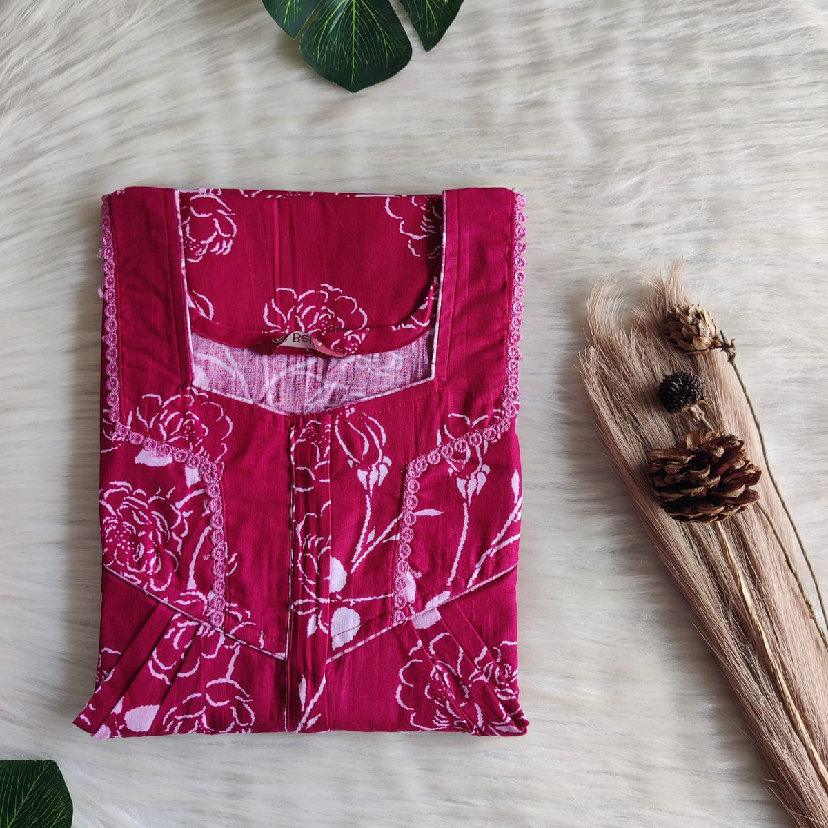 Mauve Pink Printed Premium Cotton Long Zip Lace Feeding Nighty | Free Size | Chest Width 44″| Length 56″