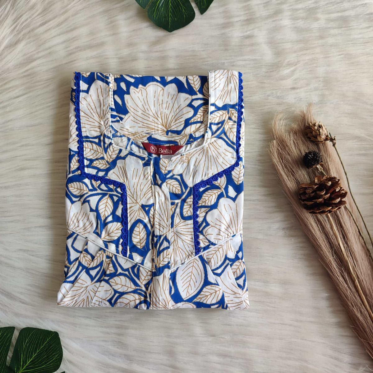 White Floral Printed Blue Premium Cotton Long Zip Lace Feeding Nighty | Free Size | Chest Width 44″| Length 56″