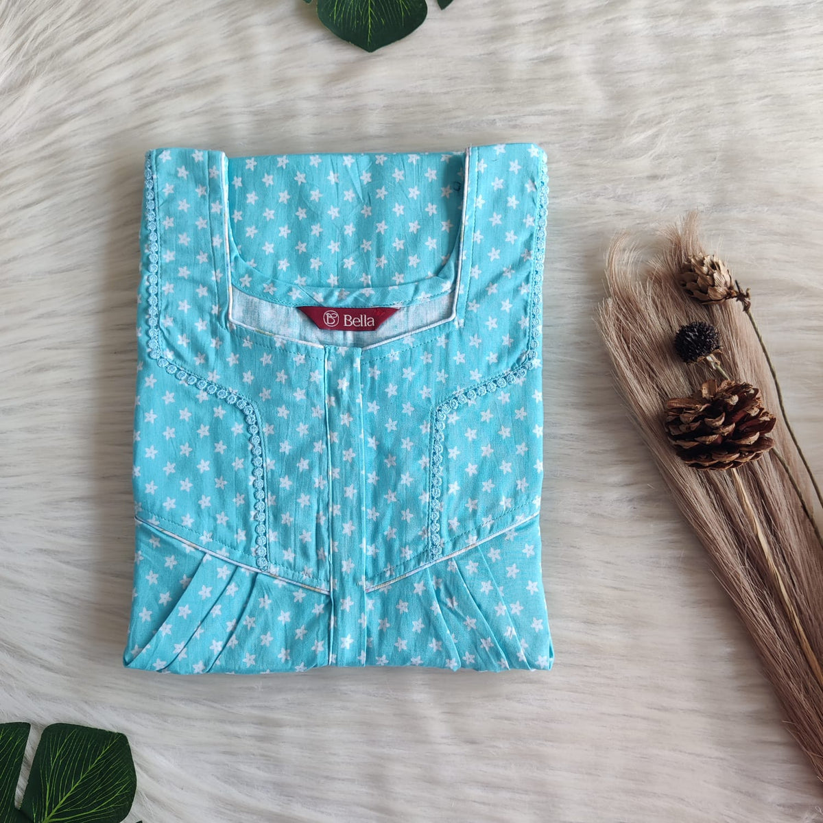 Aqua Blue Floral Printed Premium Cotton Long Zip Lace Feeding Nighty | Free Size | Chest Width 44″| Length 56″