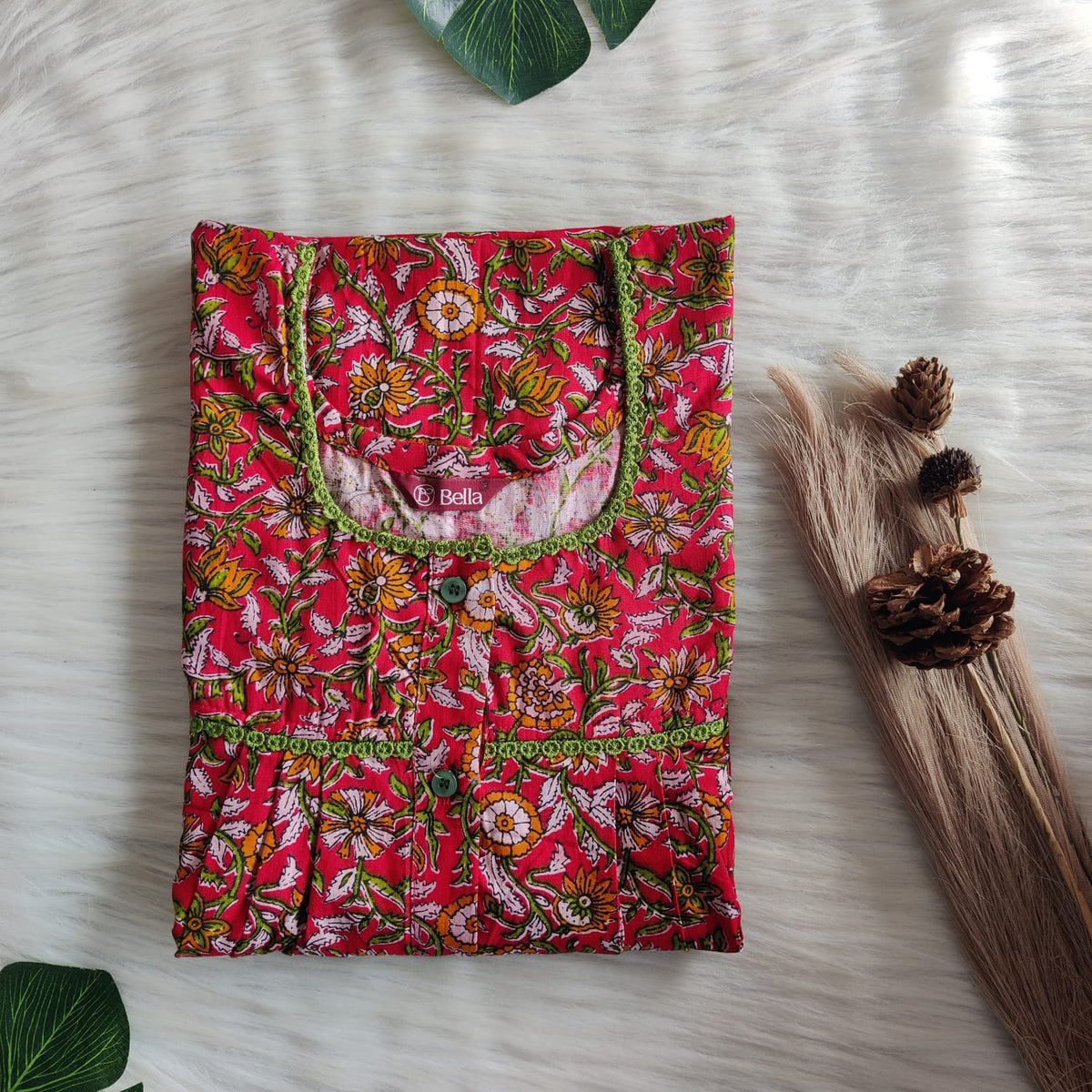 Red And Green Printed Premium Cotton Lace Button Nighty | Free Size | Chest Width 44"| Length 54"-56"