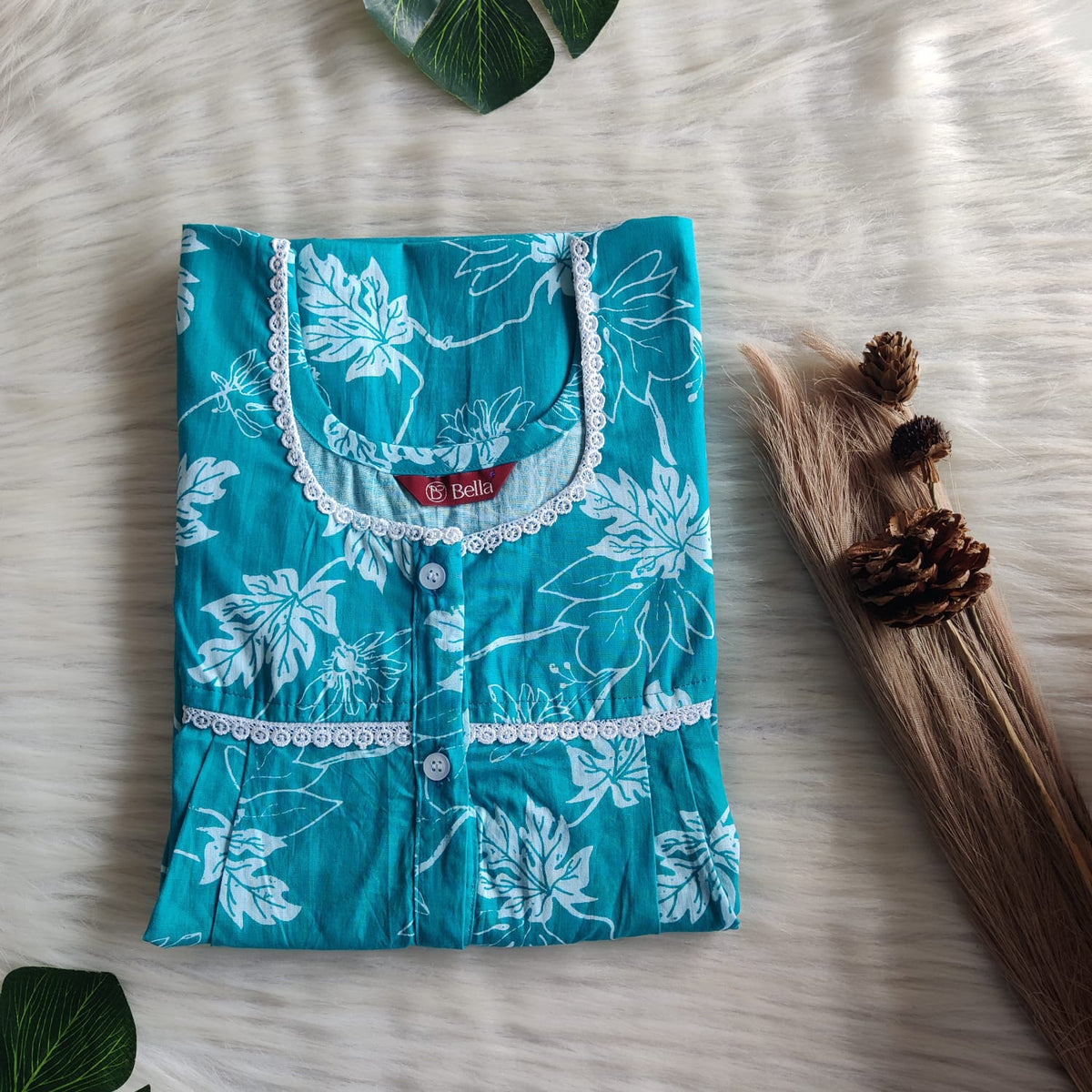 Aqua Blue Printed Premium Cotton Lace Button Nighty | Free Size | Chest Width 44"| Length 54"-56"