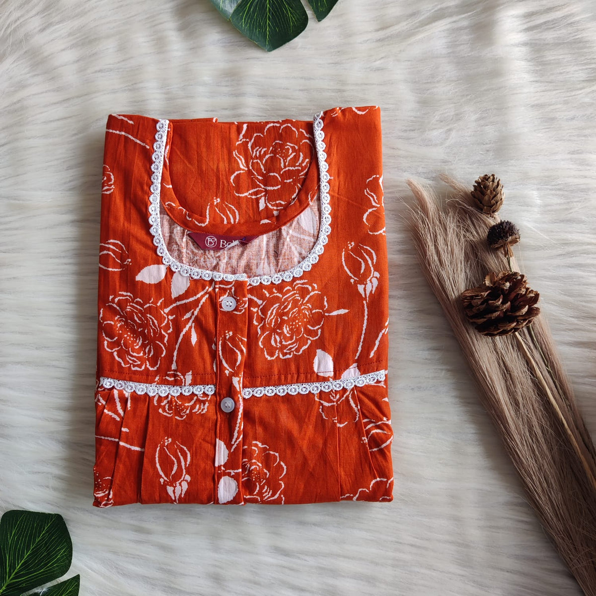 Rust Orange Printed Premium Cotton Lace Button Nighty | Free Size | Chest Width 44"| Length 54"-56"