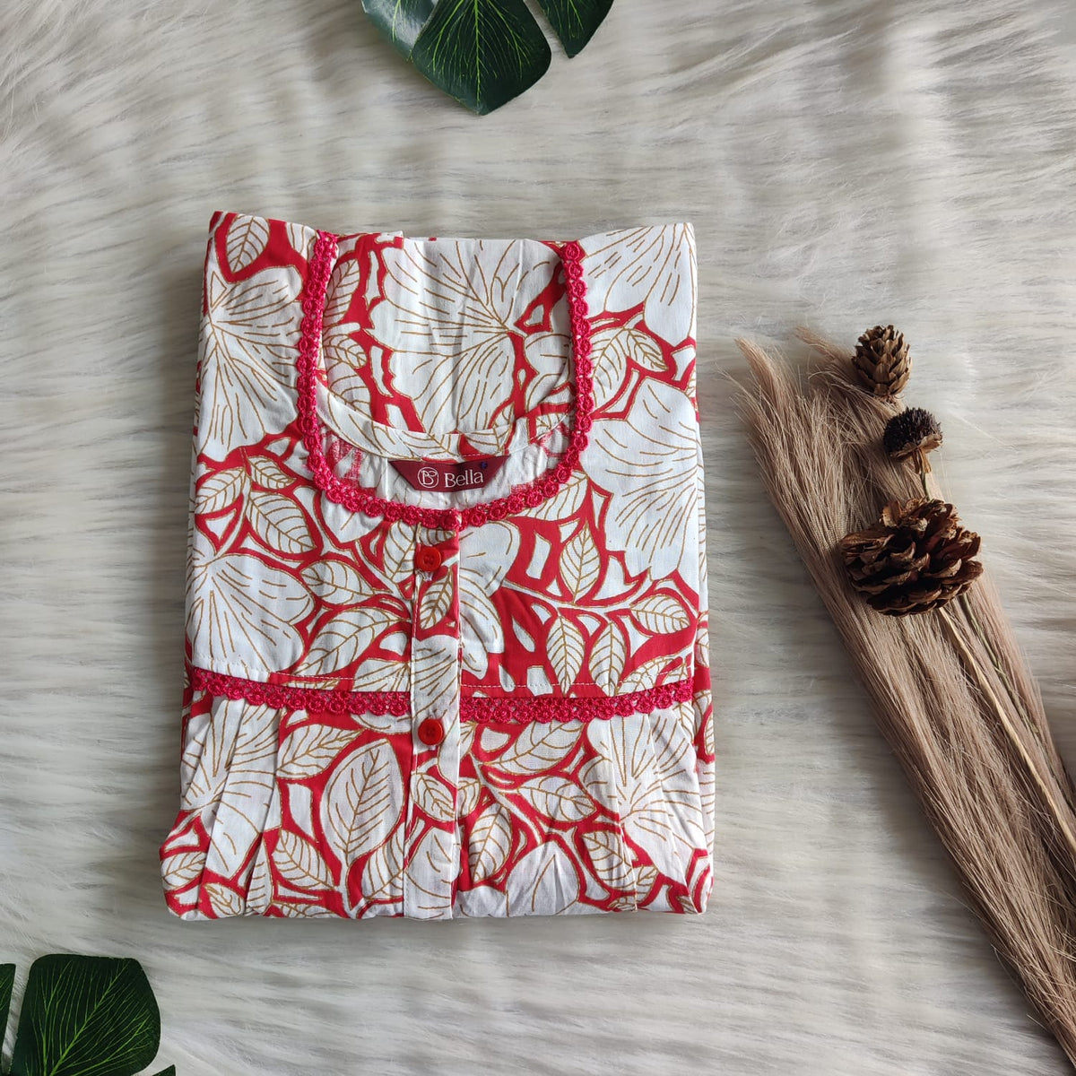 White Floral Printed Red Premium Cotton Lace Button Nighty | Free Size | Chest Width 44"| Length 54"-56"