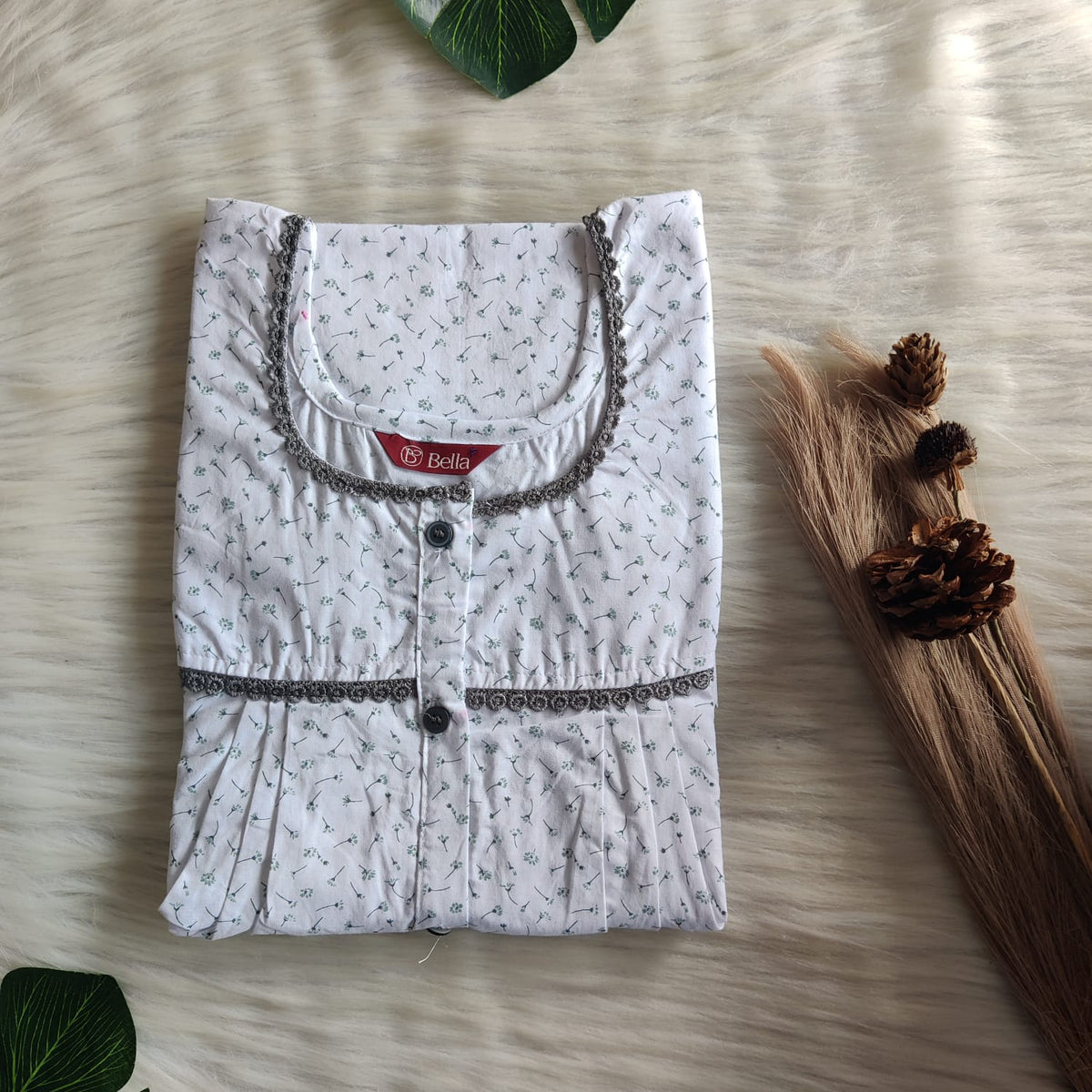 Grey Floral Printed White Pure Cotton Lace Button Nighty | Free Size | Chest Width 44"| Length 54"-56"