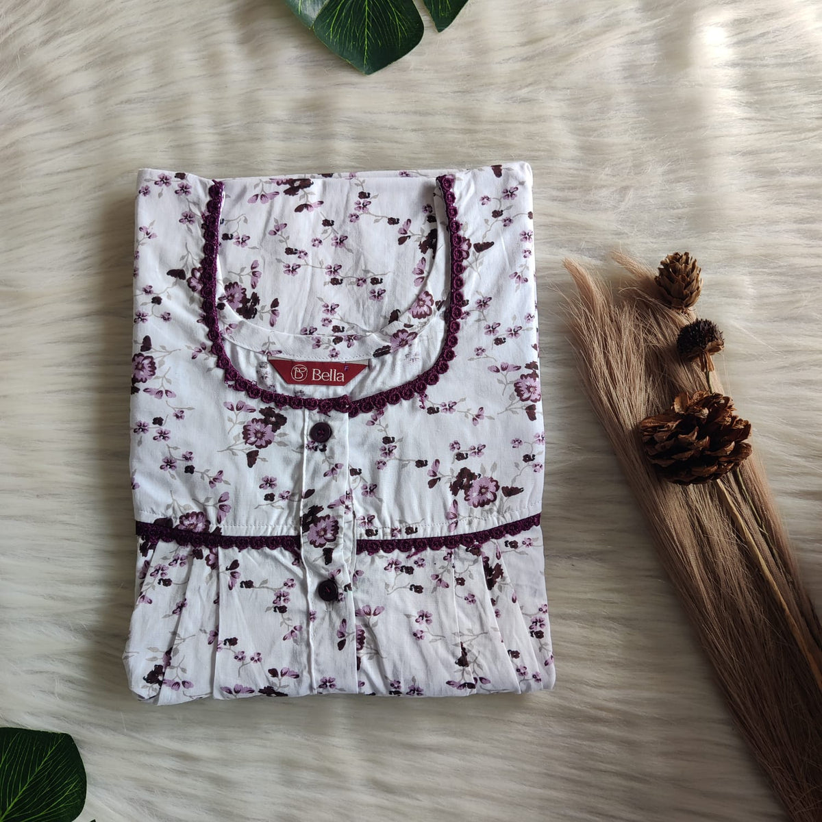 Brown Floral Printed White Pure Cotton Lace Button Nighty | Free Size | Chest Width 44"| Length 54"-56"