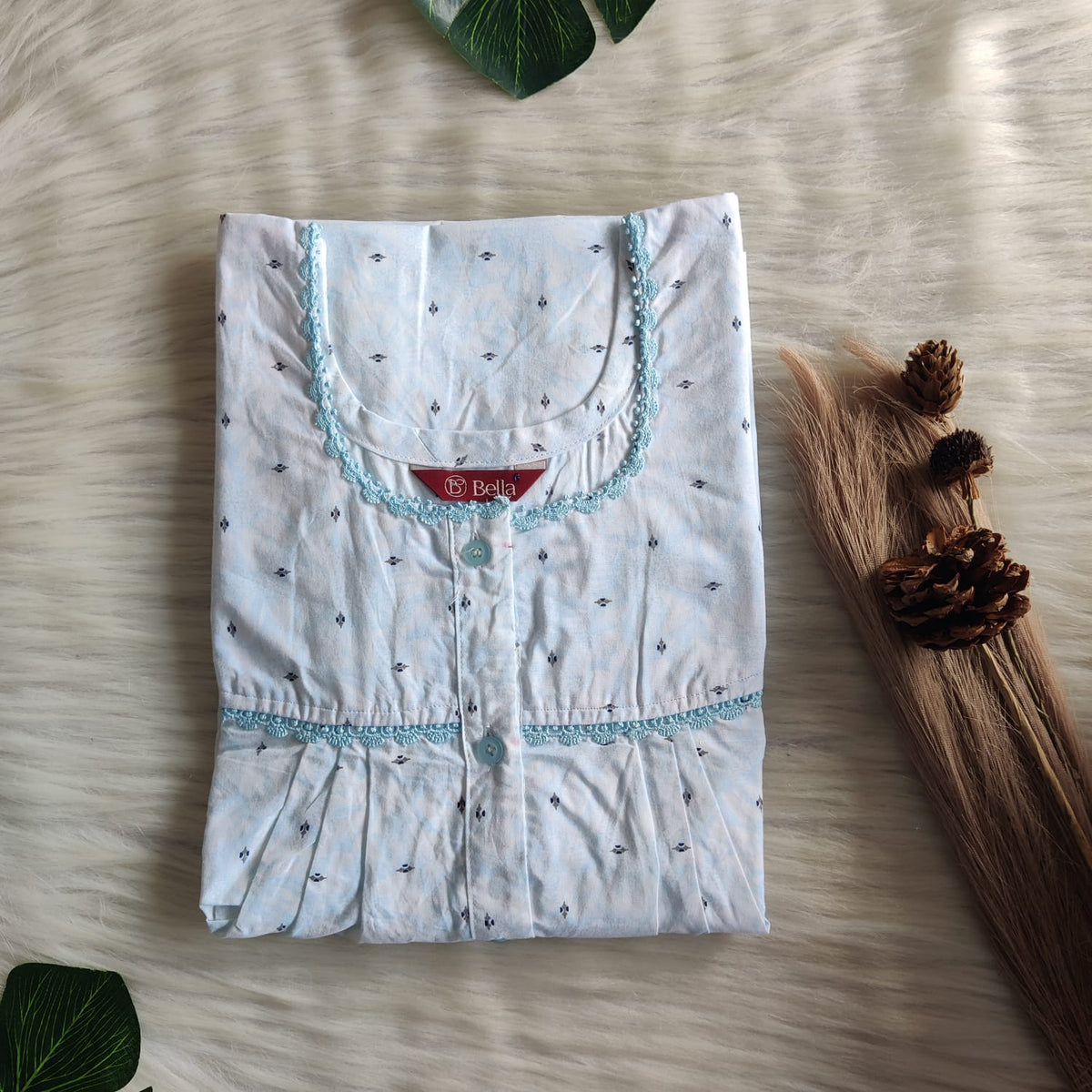 Pale Blue Printed Pure Cotton Plus Size Lace Button Nighty | Free Size | Chest Width 44"| Length 54"-56"