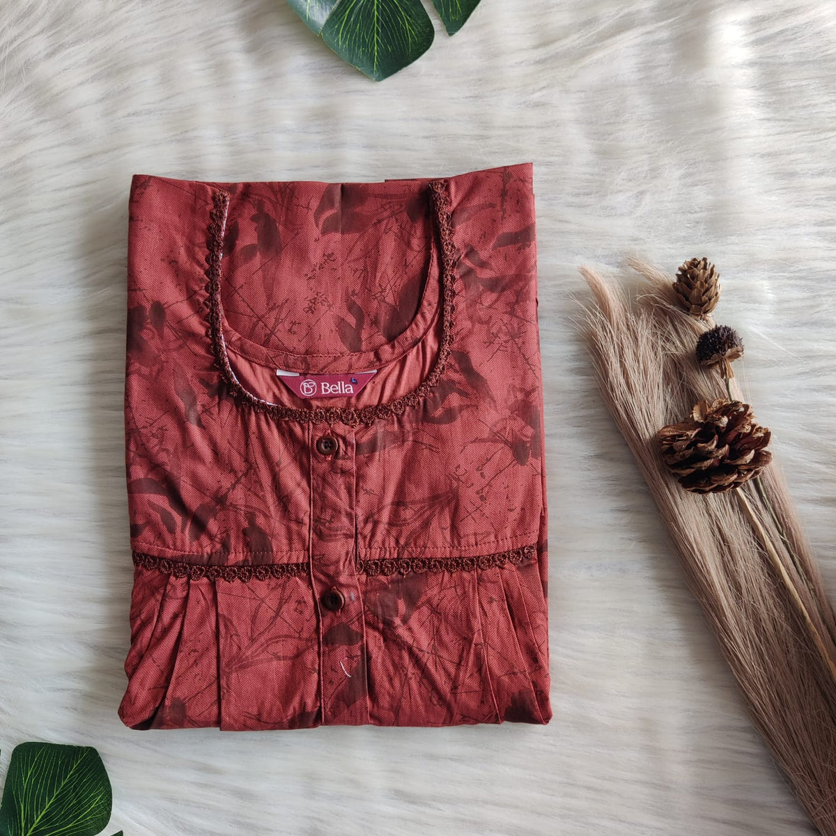 Rust Brown Printed Pure Cotton Plus Size Lace Button Nighty | Free Size | Chest Width 44"| Length 54"-56"