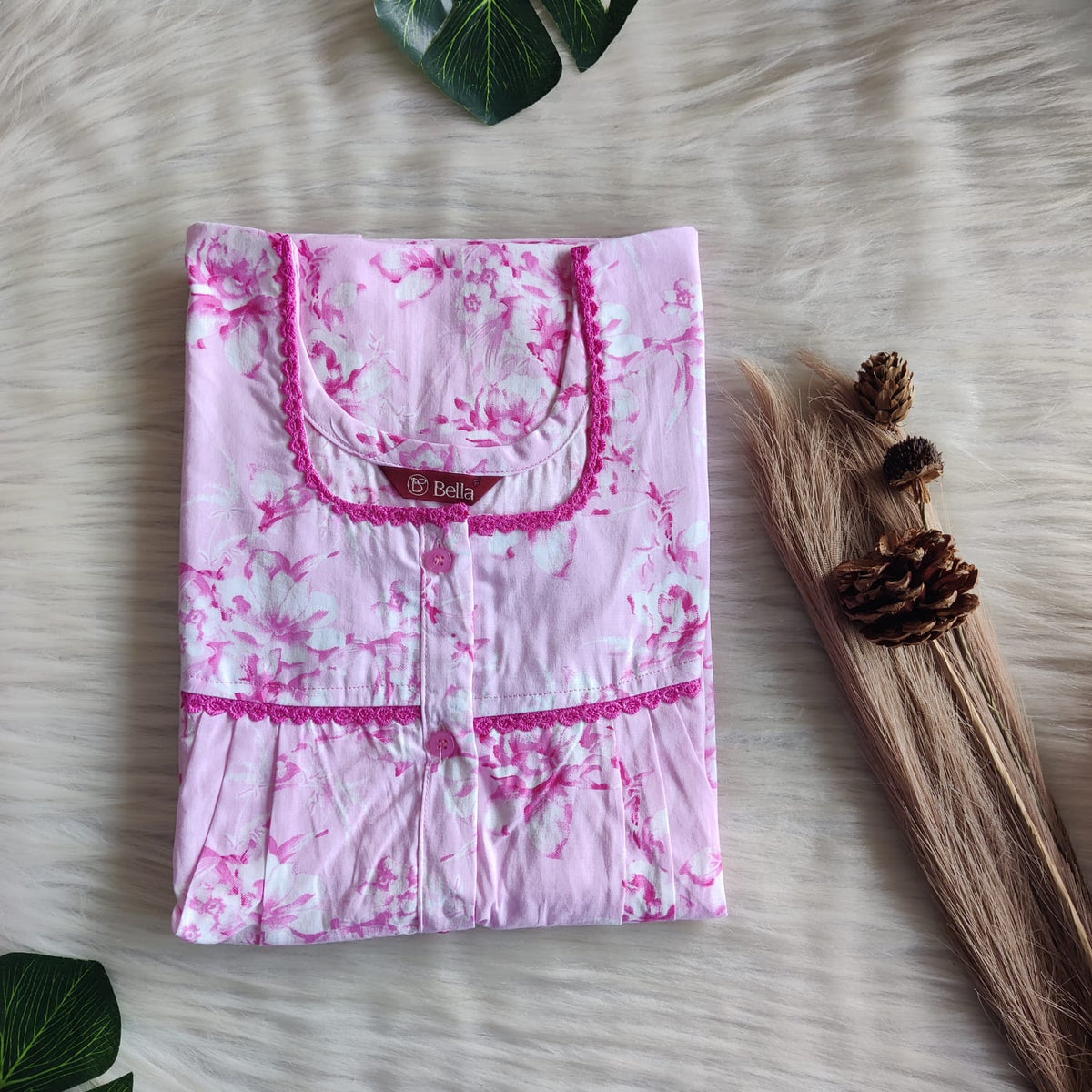 Pale Pink Printed Pure Cotton Plus Size Lace Button Nighty | Free Size | Chest Width 44"| Length 54"-56"