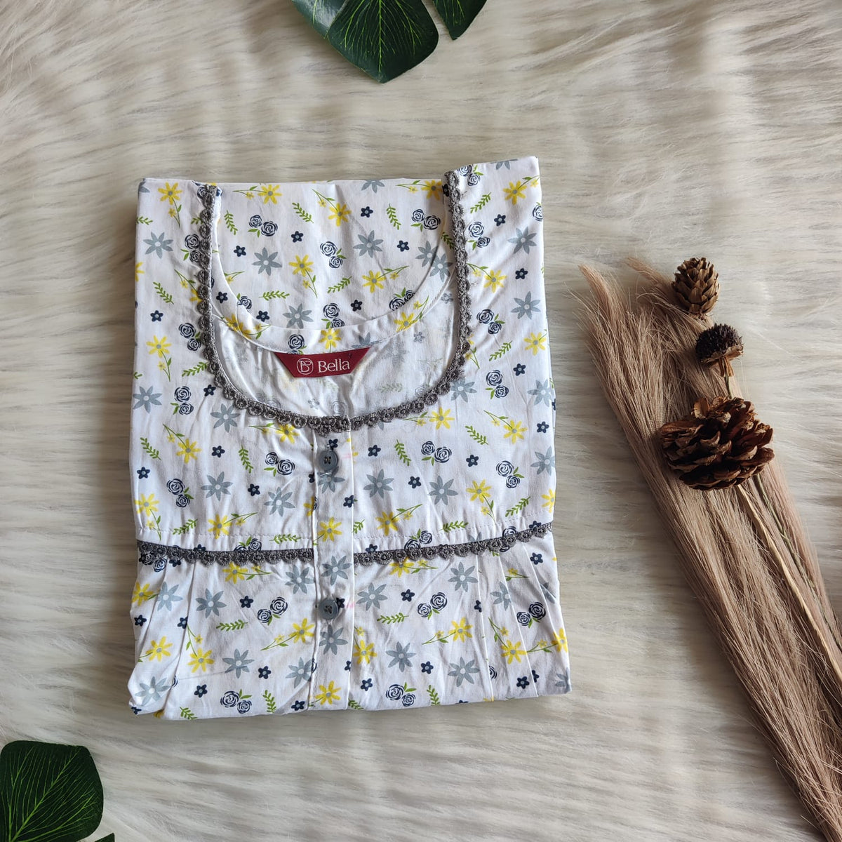 Yellow Floral Printed White Pure Cotton Plus Size Lace Button Nighty | Free Size | Chest Width 44"| Length 54"-56"